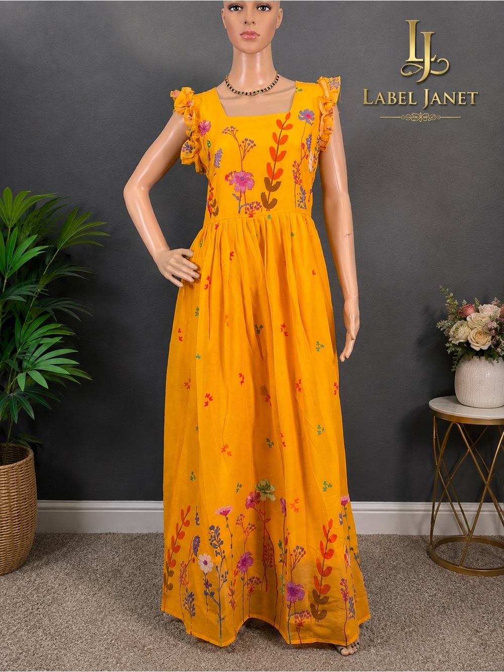 Brand new,Yellow Floral Embroidered Maxi Dress for women,Bust - M(38”)